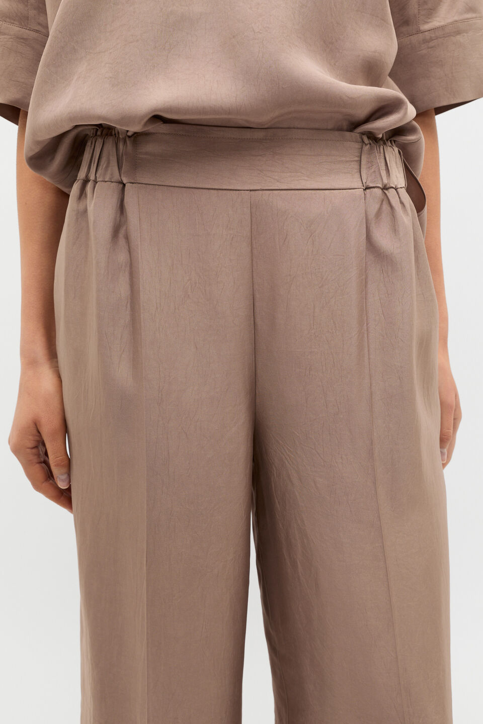 Crinkled Satin Palazzo Pant  Nutmeg
