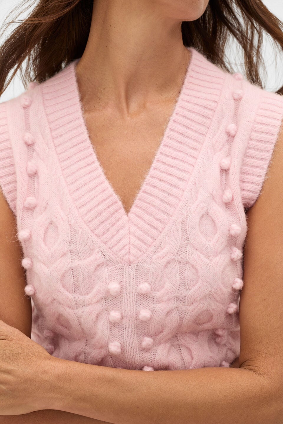 Pom Pom Cable Knit Vest  Pale Blossom Marle