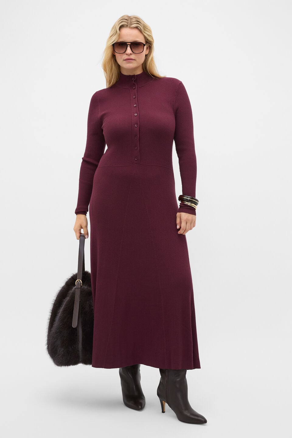 Button Down Mock Neck Knit Dress  Plum Red