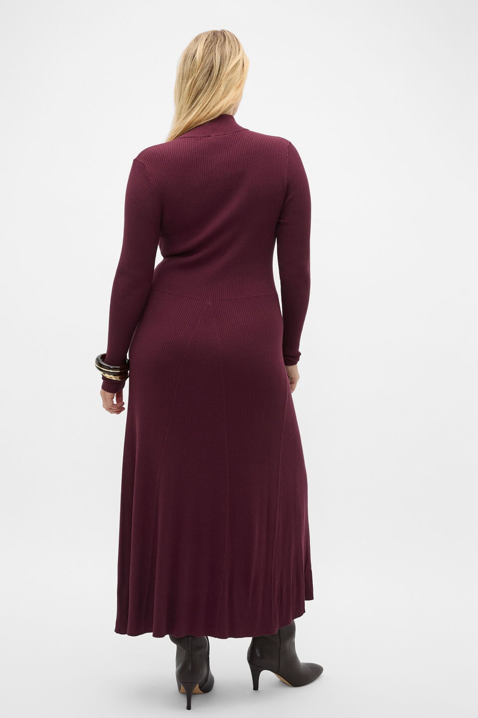 Button Down Mock Neck Knit Dress  Plum Red