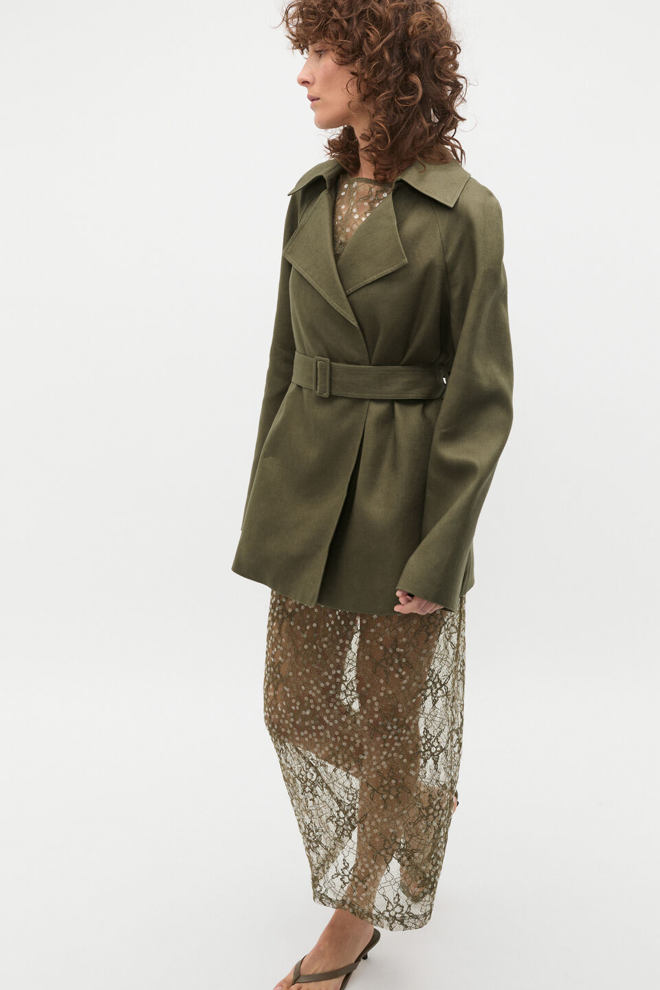 Linen Crop Trench Coat  Olive Leaf