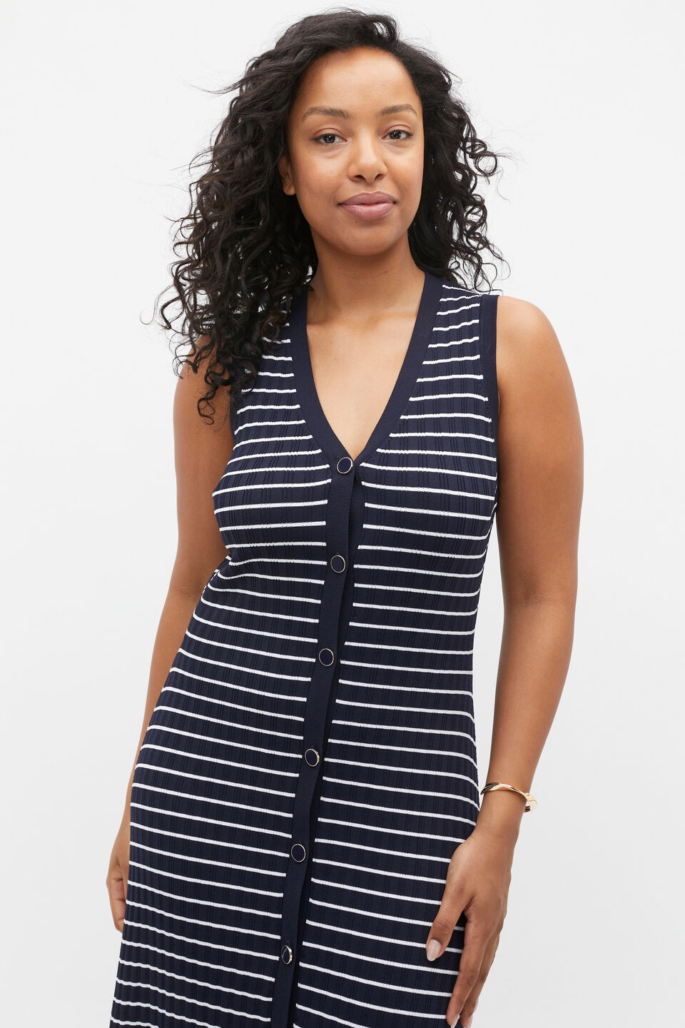 Stripe Rib Knit Button Midi Dress  Midnight Sky Stripe
