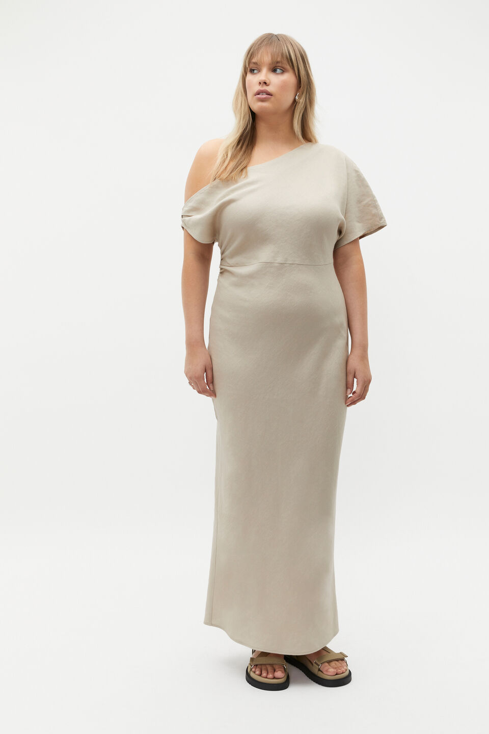 Linen Draped Shoulder Midi Dress  Cool Sand