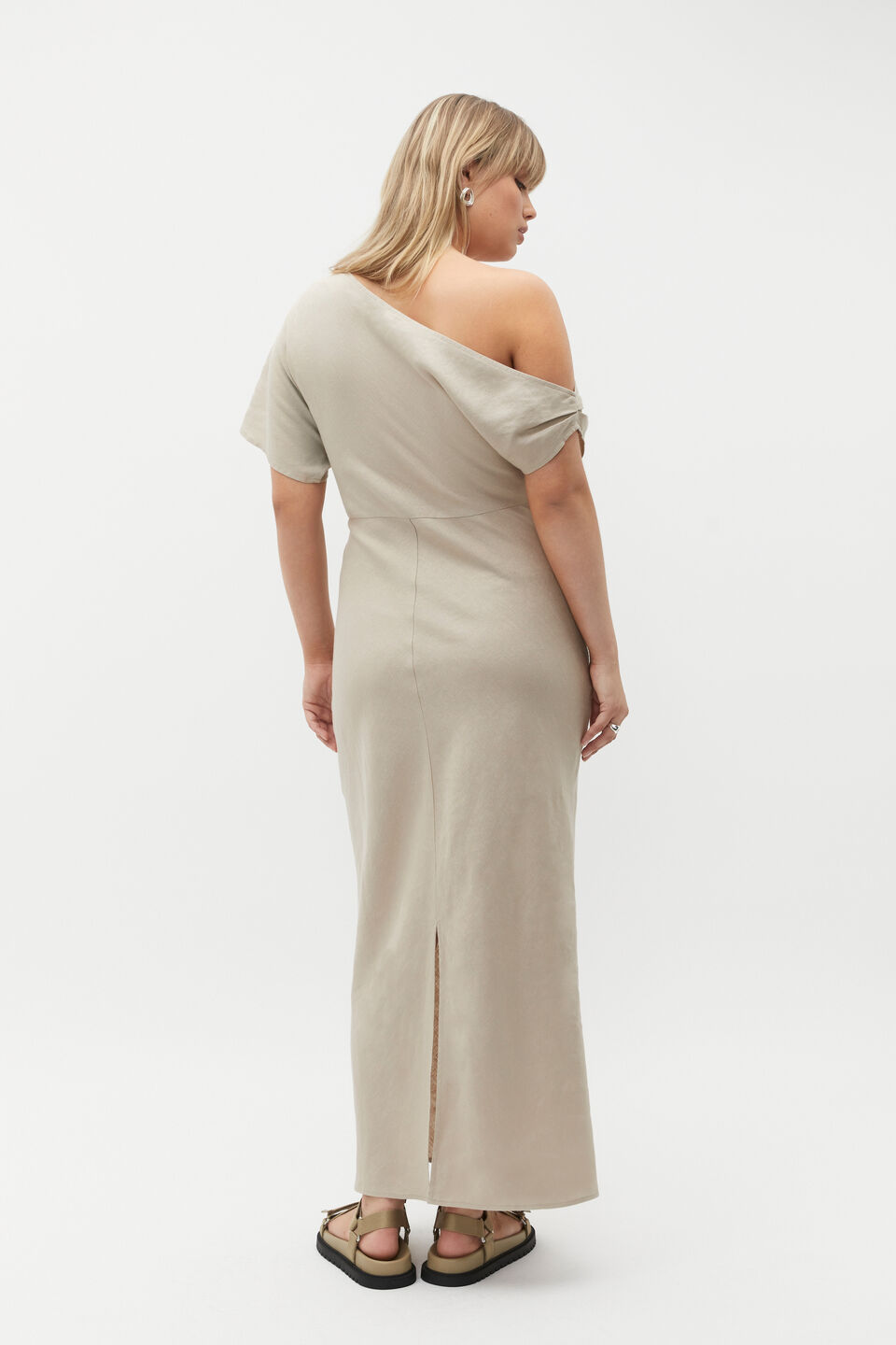Linen Draped Shoulder Midi Dress  Cool Sand