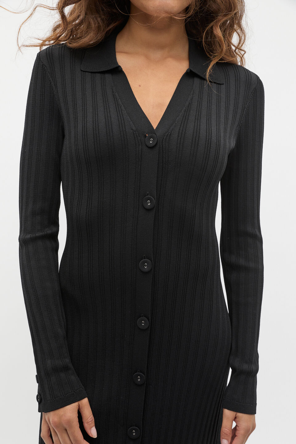 Crepe Ribbed Polo Midi Dress  Black