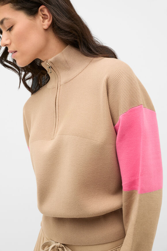 MD Contrast Zip Through Knit  Sandstone  hi-res