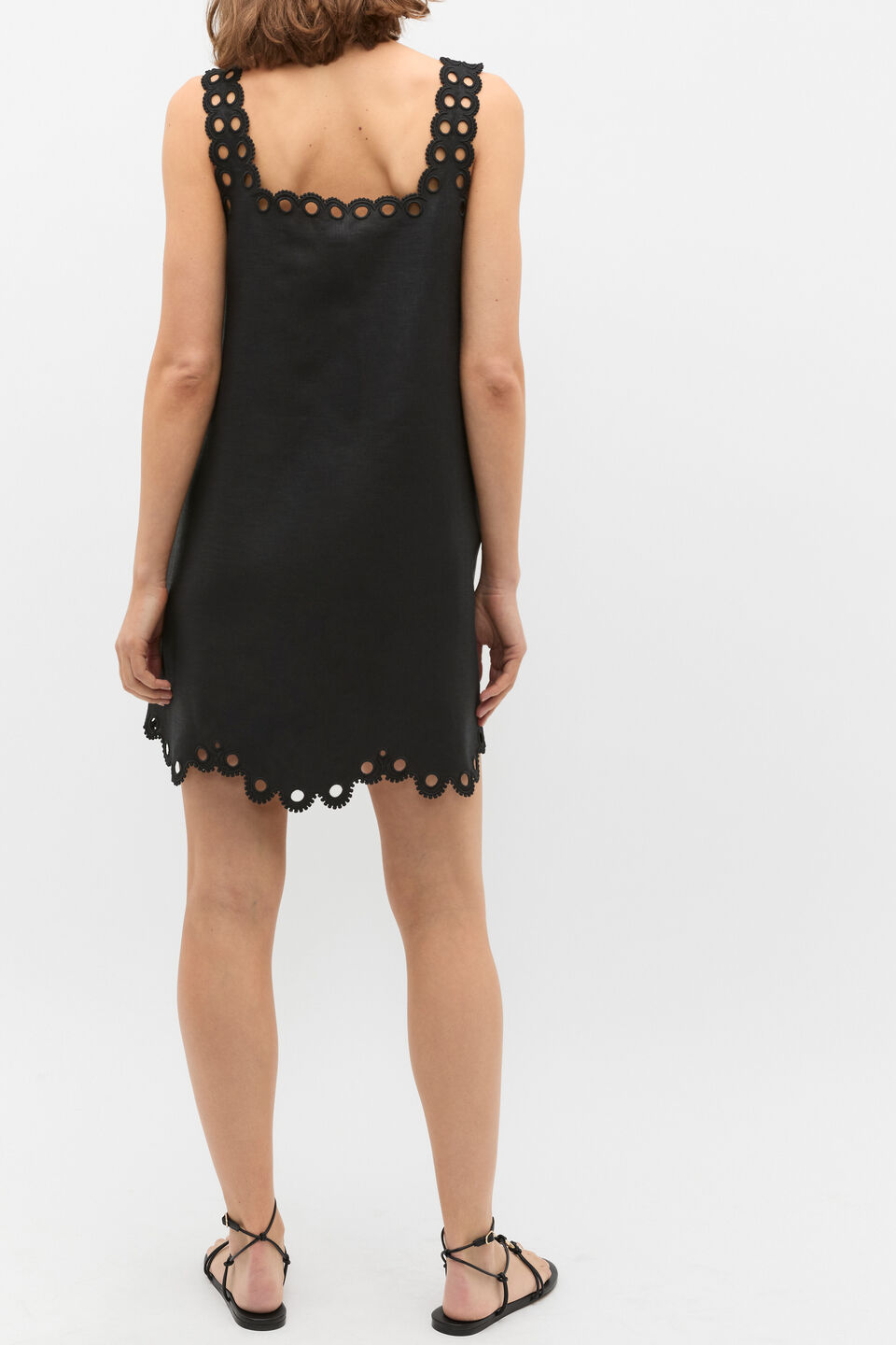Linen Embroidered Mini Dress  Black
