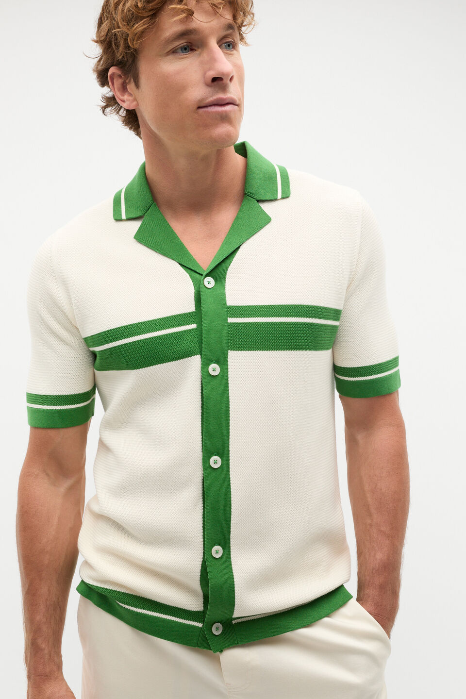 Contrast Trim Knit Shirt  Pea Green