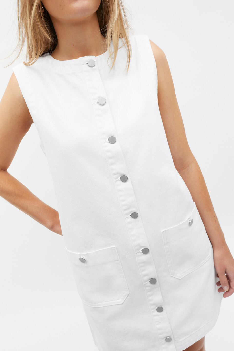 Denim Button Down Mini Shift Dress  White