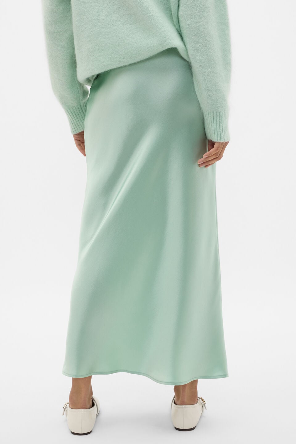 Satin Midi Slip Skirt  Soft Moss
