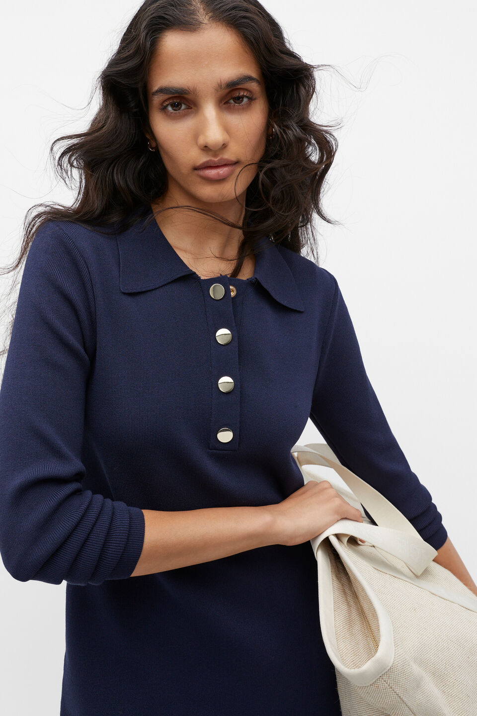 Crepe Knit Polo Mini Dress  Midnight Sky