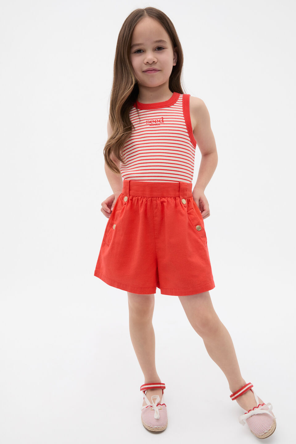 Flat Front Button Short  Strawberry Red
