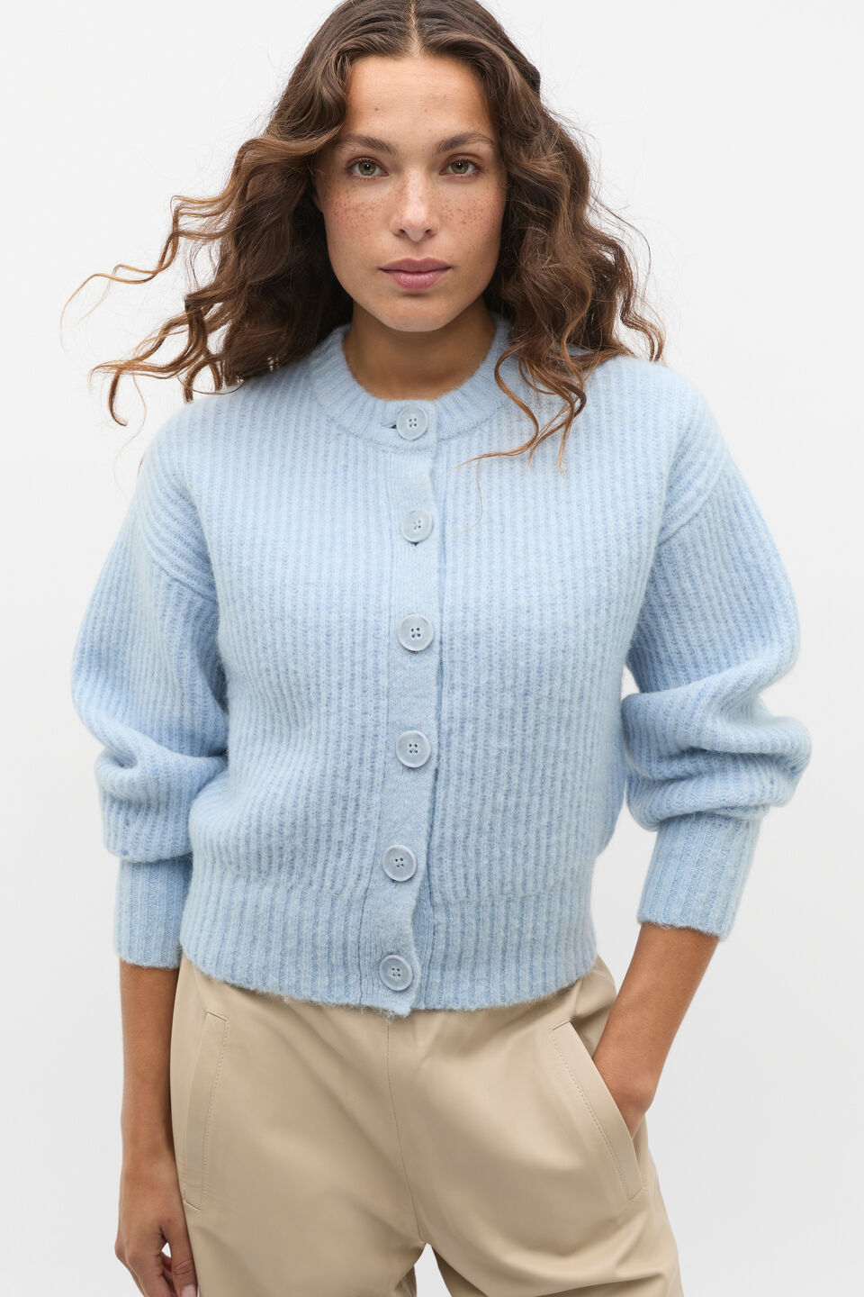 Lofty Rib Crew Neck Cardigan  Ice Blue Marle