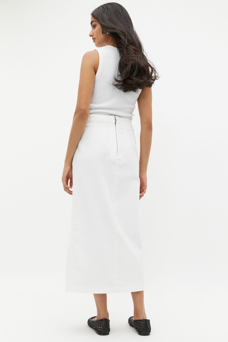 Denim Midi Buckle Skirt  White