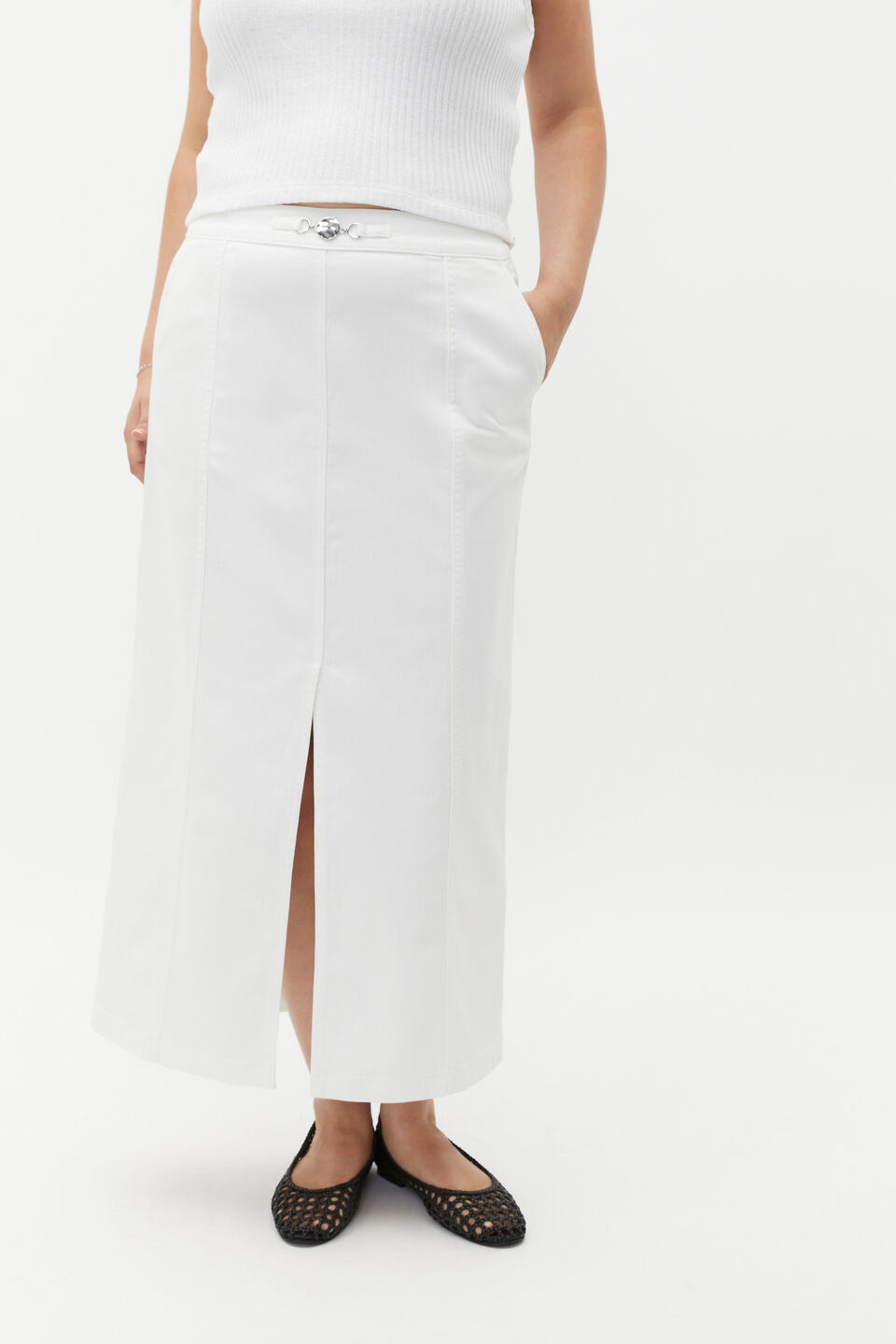 Denim Midi Buckle Skirt  White