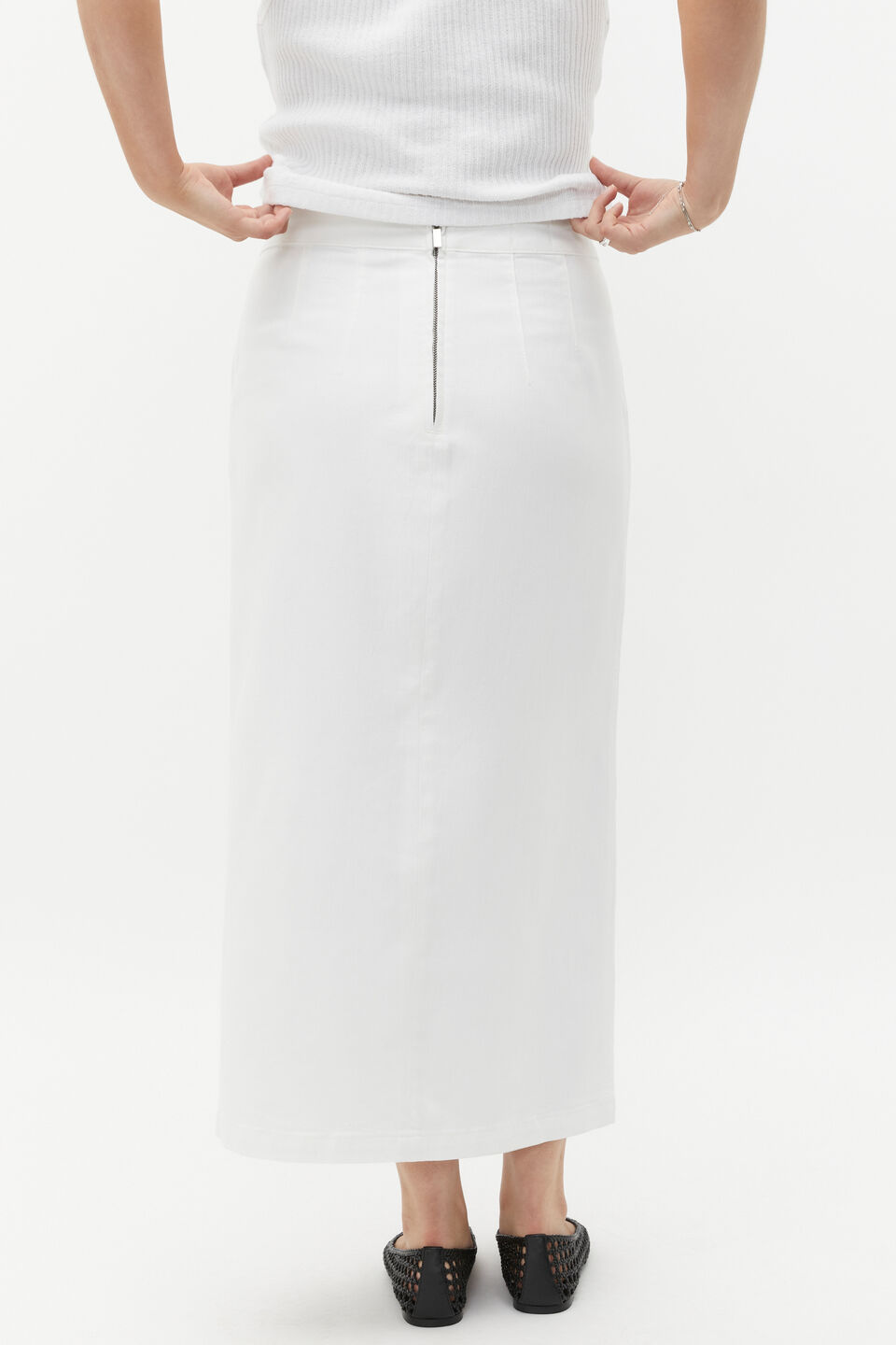 Denim Midi Buckle Skirt  White