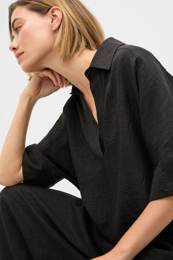 Textured Satin Collared Popover  Black  hi-res