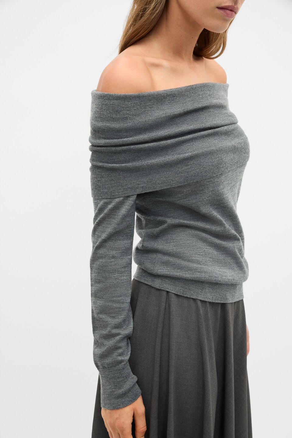 Off Shoulder Ruched Knit  Charcoal Grey Marle