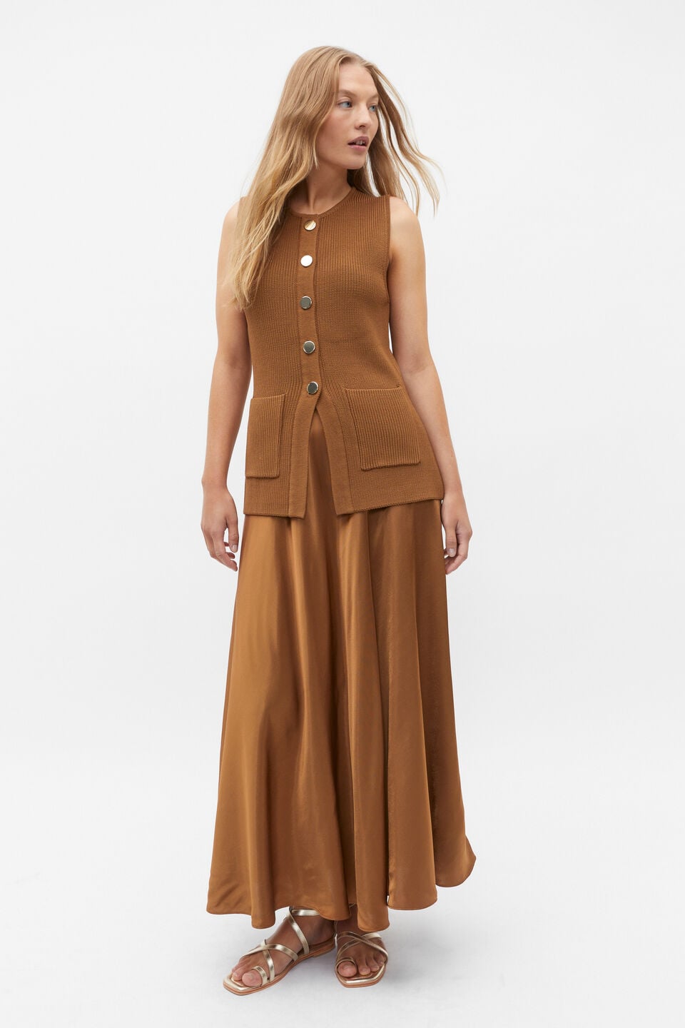 Crepe Rib Button Down Vest  Cinnamon Spice