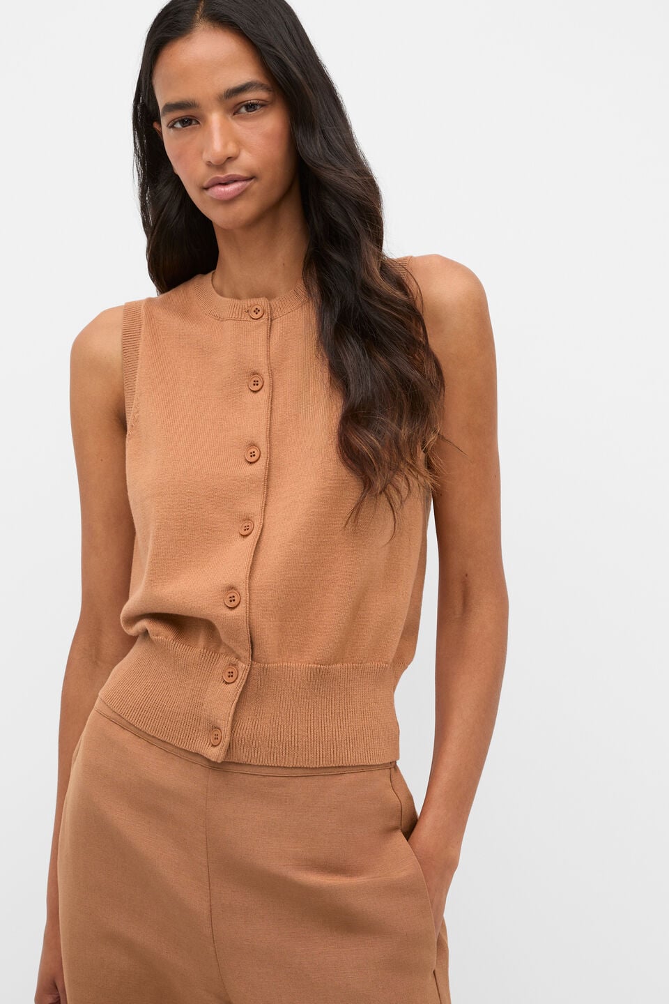 Cotton Blend Button Knit Vest  Copper