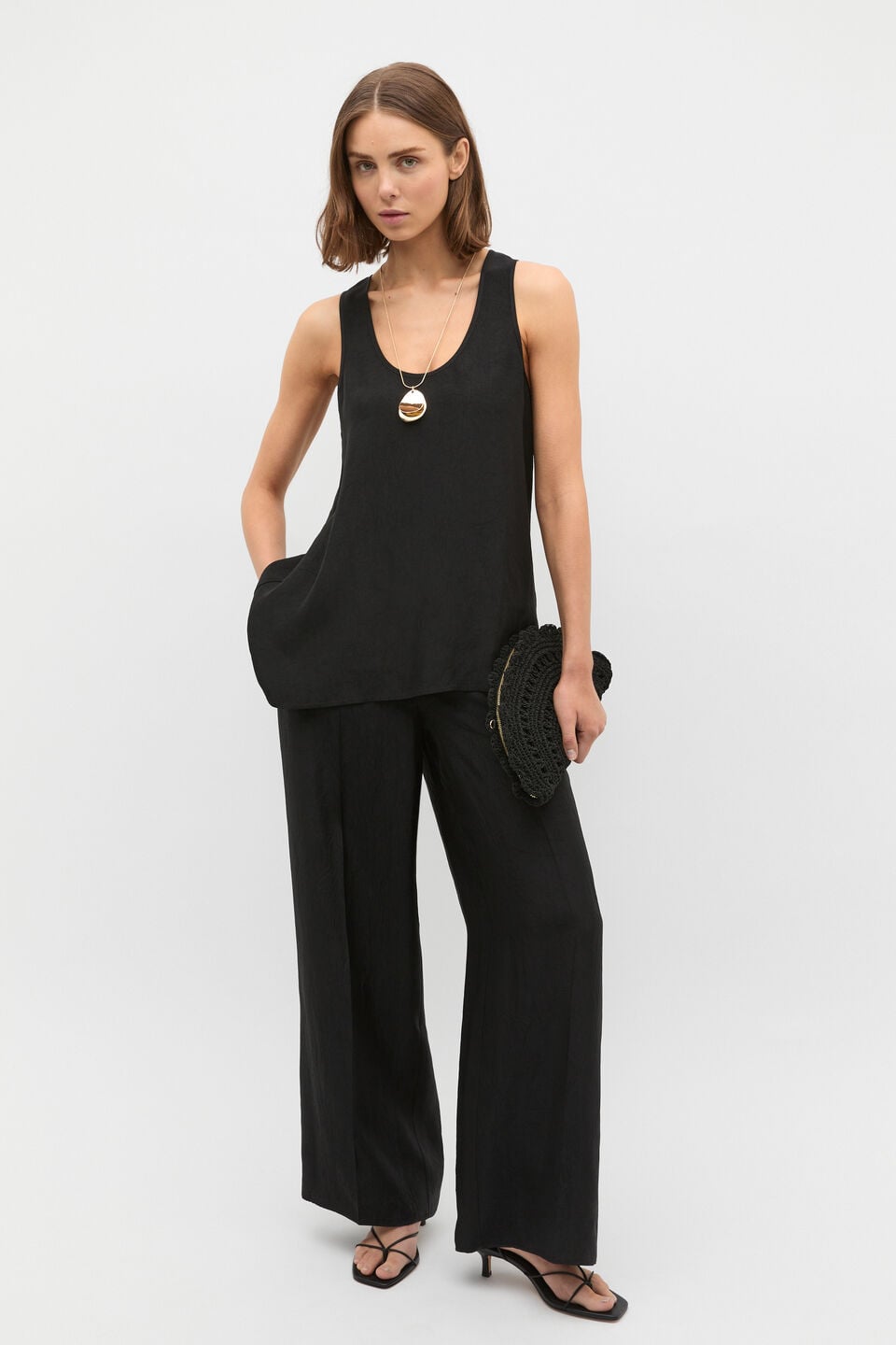 Crinkled Satin Longline Tank  Black