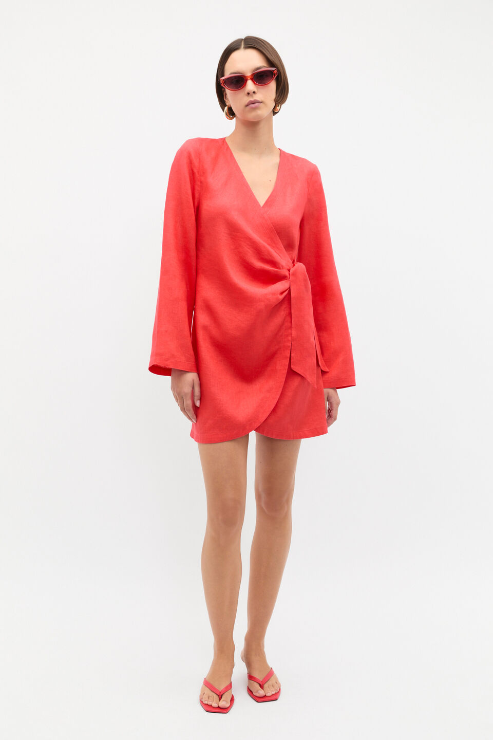 Linen Wrap Mini Dress  Electric Crimson