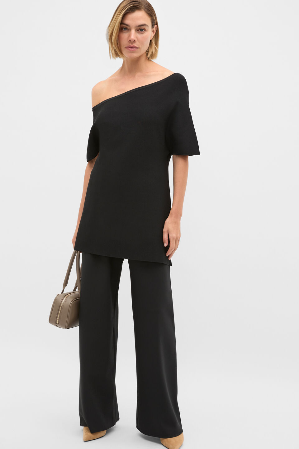Crepe Knit Drape Shoulder Tunic  Black