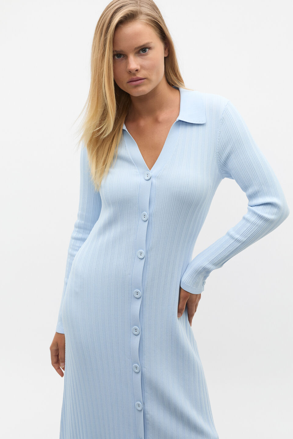 Crepe Ribbed Polo Midi Dress  Ice Blue