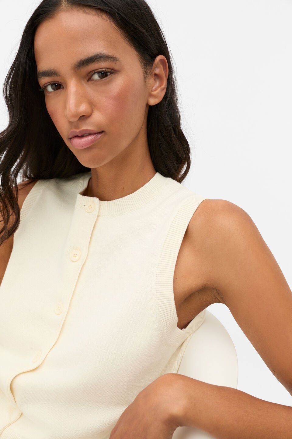 Cotton Blend Button Knit Vest  Coconut Cream
