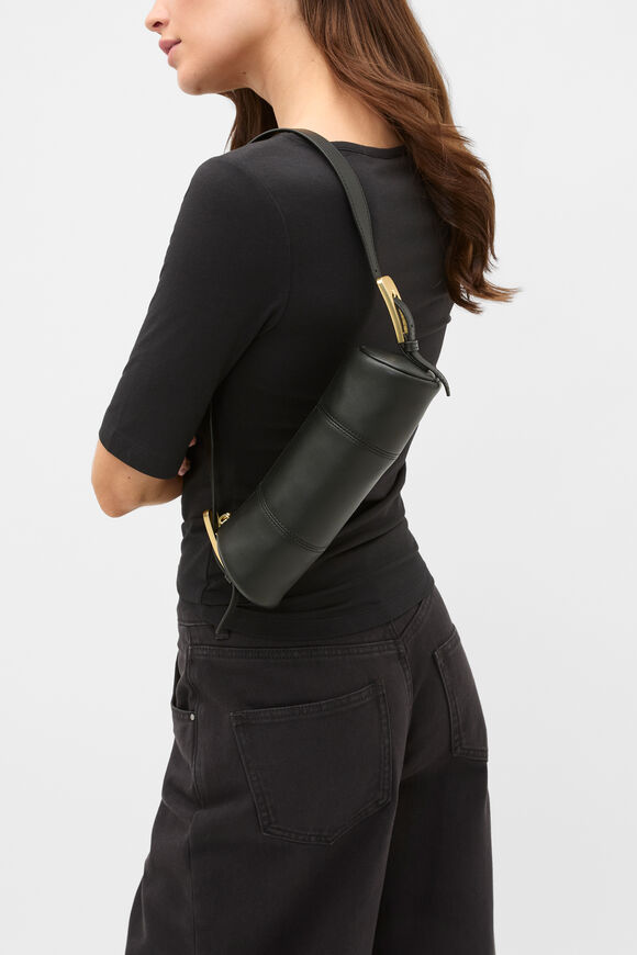 Leather Rounded Shoulder Bag  Black  hi-res
