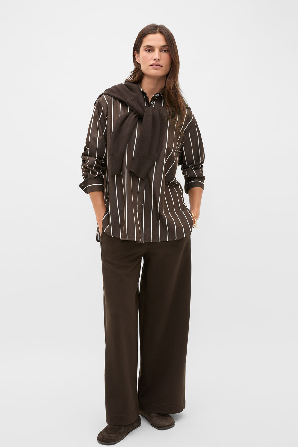 Stripe Cotton Oversized Shirt  Coffee Bean Stripe