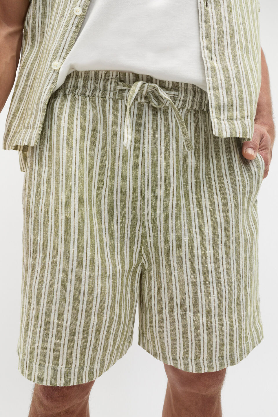 Linen Stripe Drawcord Short  Green Apple