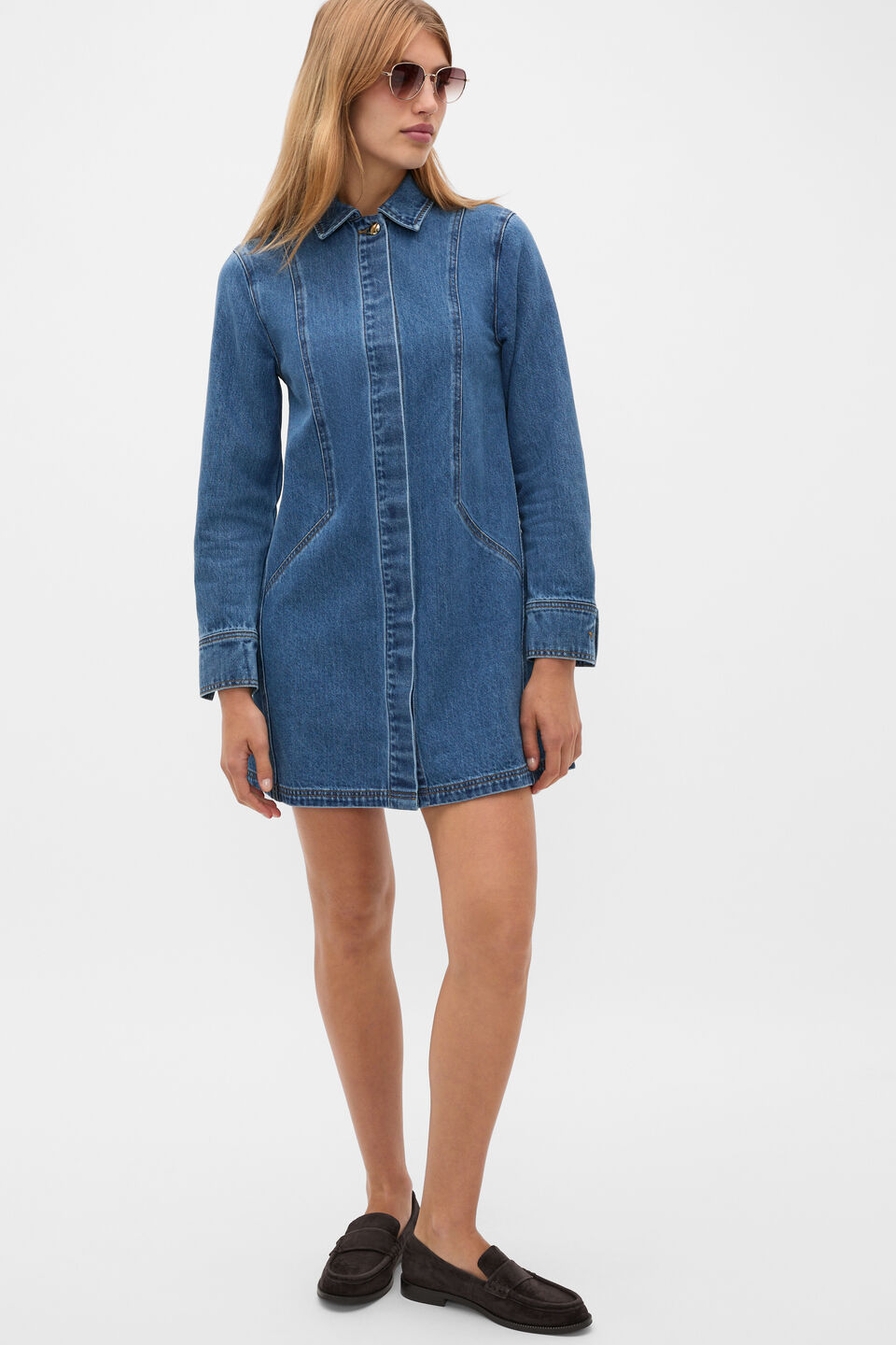 Denim Longsleeve Mini Dress  Mid Indigo Denim