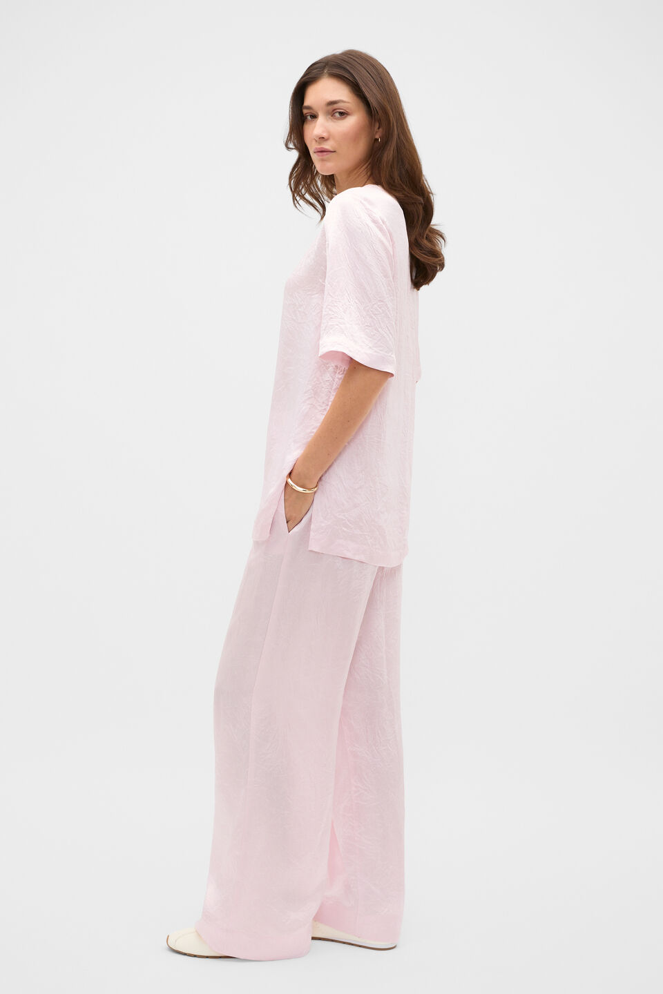 Crinkled Satin Longline Tee  Primrose