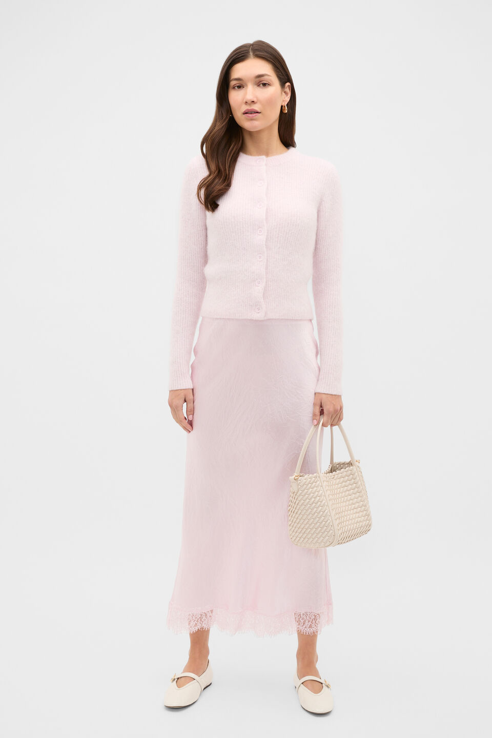 Crinkled Satin Lace Detail Skirt  Primrose