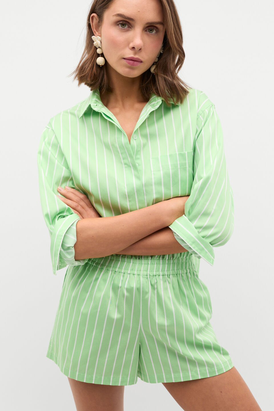 Cotton Stripe Short  Apple Green Stripe
