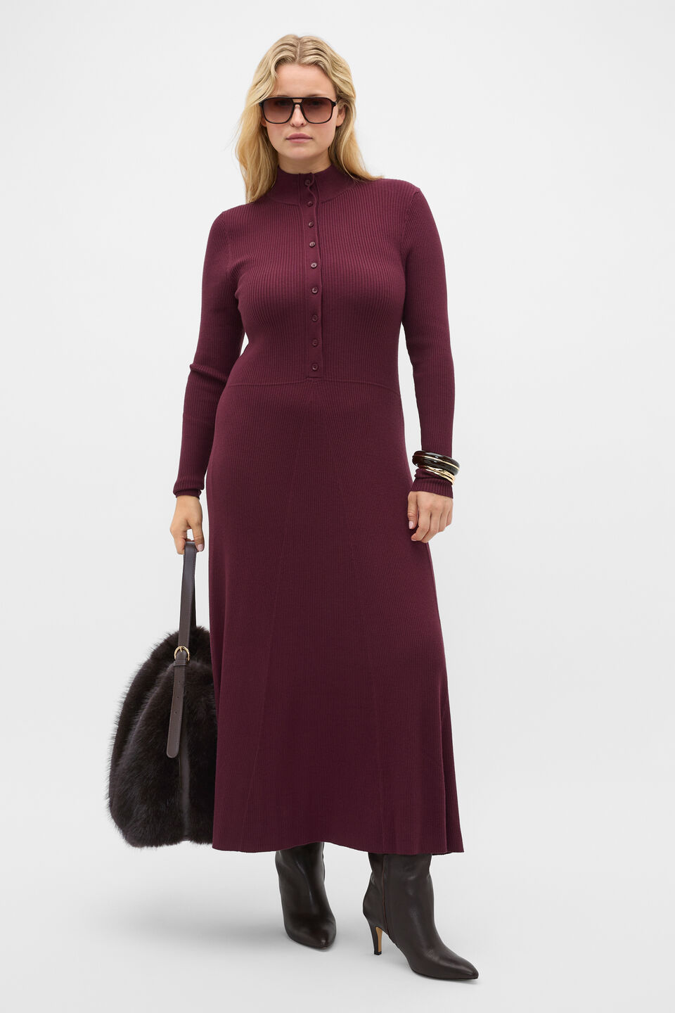 Button Down Mock Neck Knit Dress  Plum Red