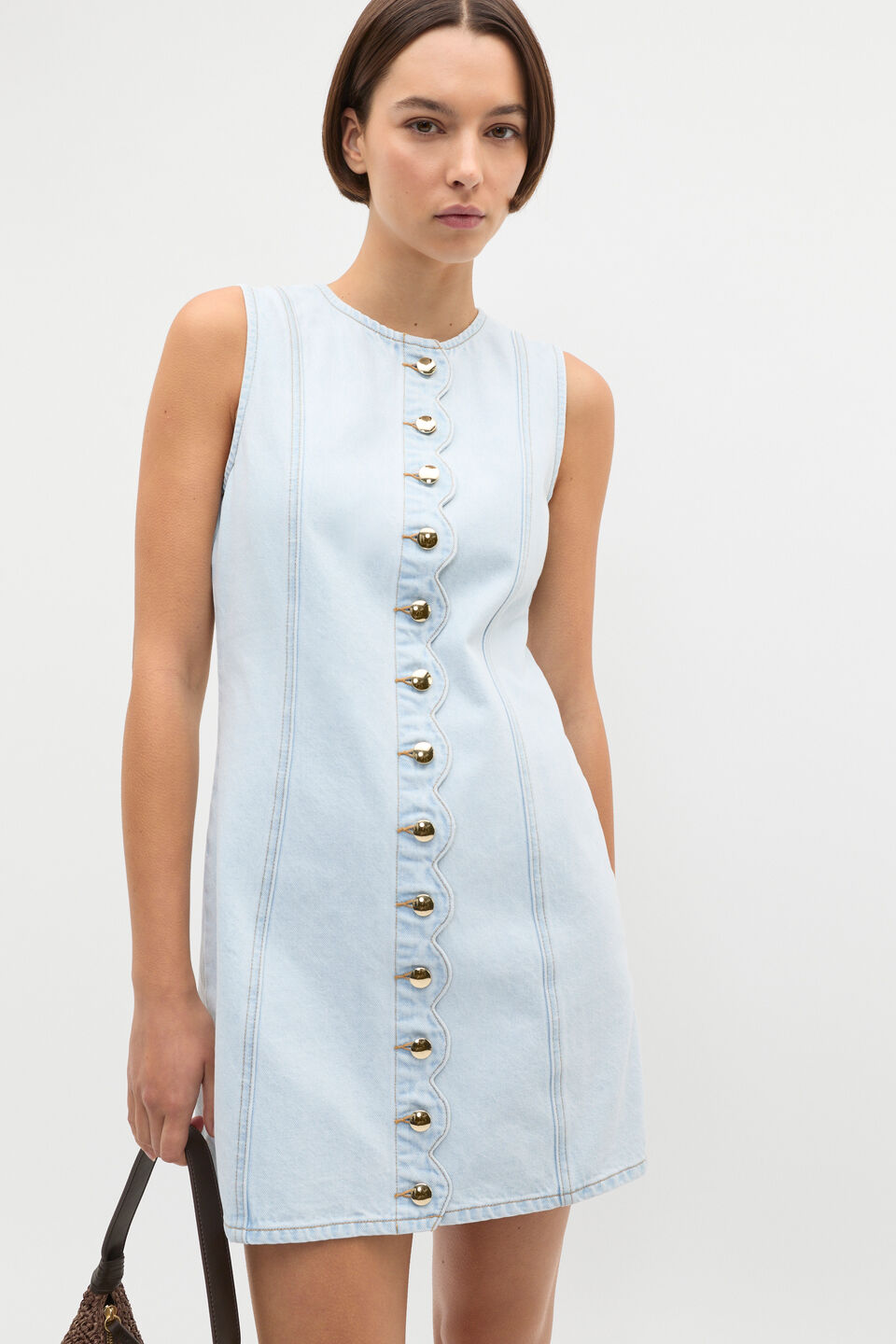 Denim Scallop Mini Dress  Cornflower Wash