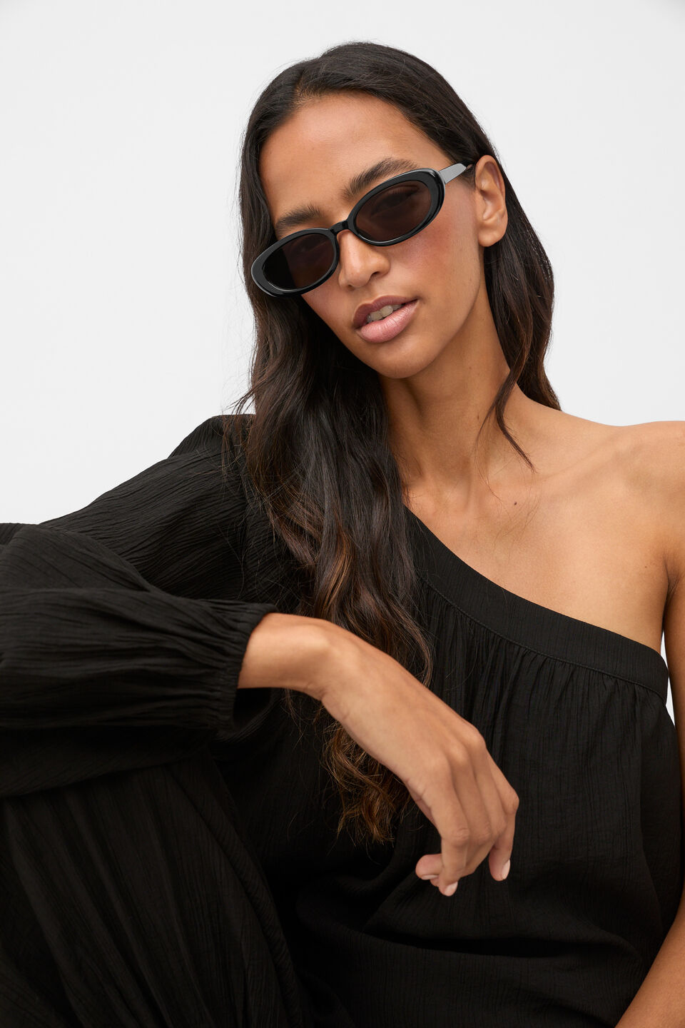 Plisse One Shoulder Top  Black