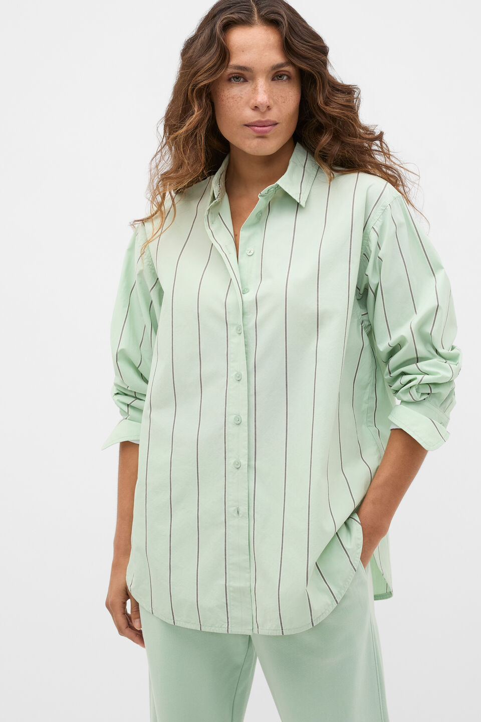Poplin Classic Shirt  Soft Moss Stripe