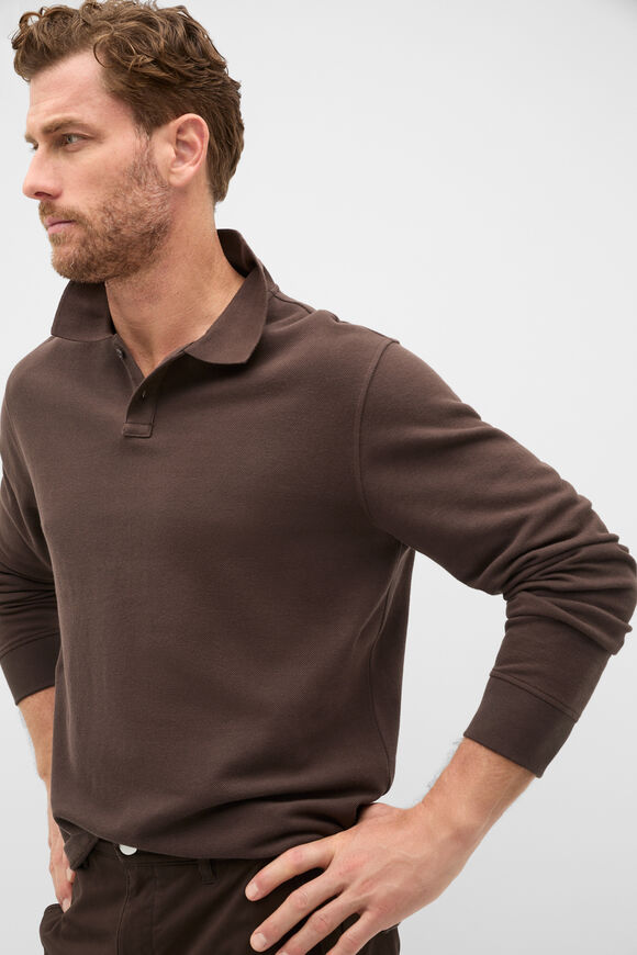 Long Sleeve Pique Polo  Dark Chocolate  hi-res