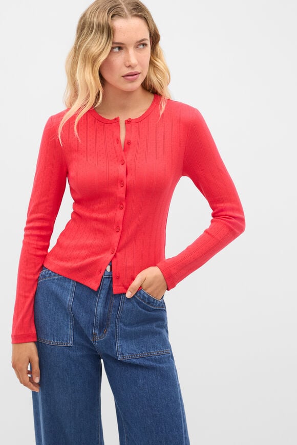 Pointelle Button Cardigan  Chilli Red  hi-res