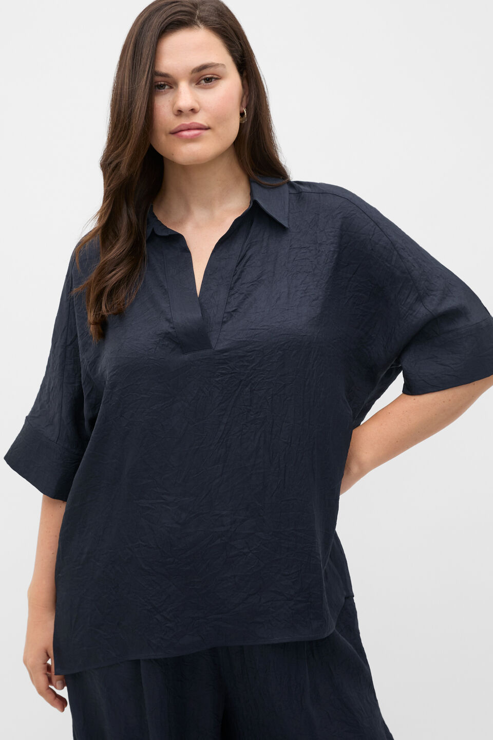 Textured Satin Collared Popover  Twilight Blue