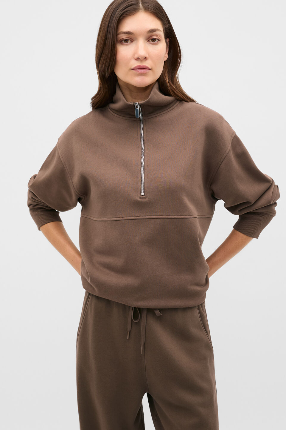 Terry Zip Neck Sweat  Chestnut