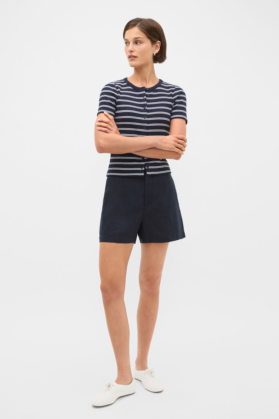 Button Through Rib Top  Twilight Blue Stripe