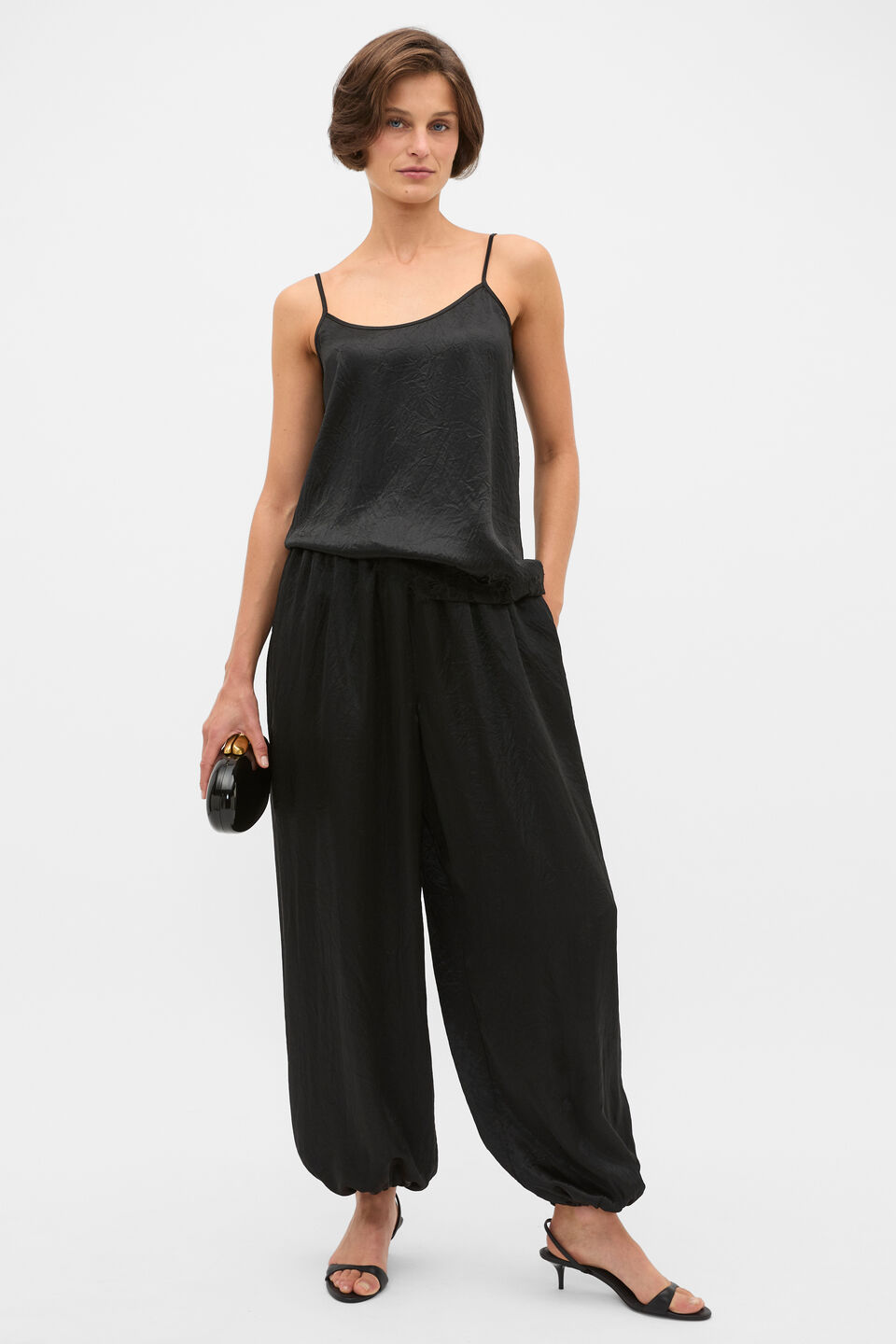 Gathered Satin Genie Pant  Black