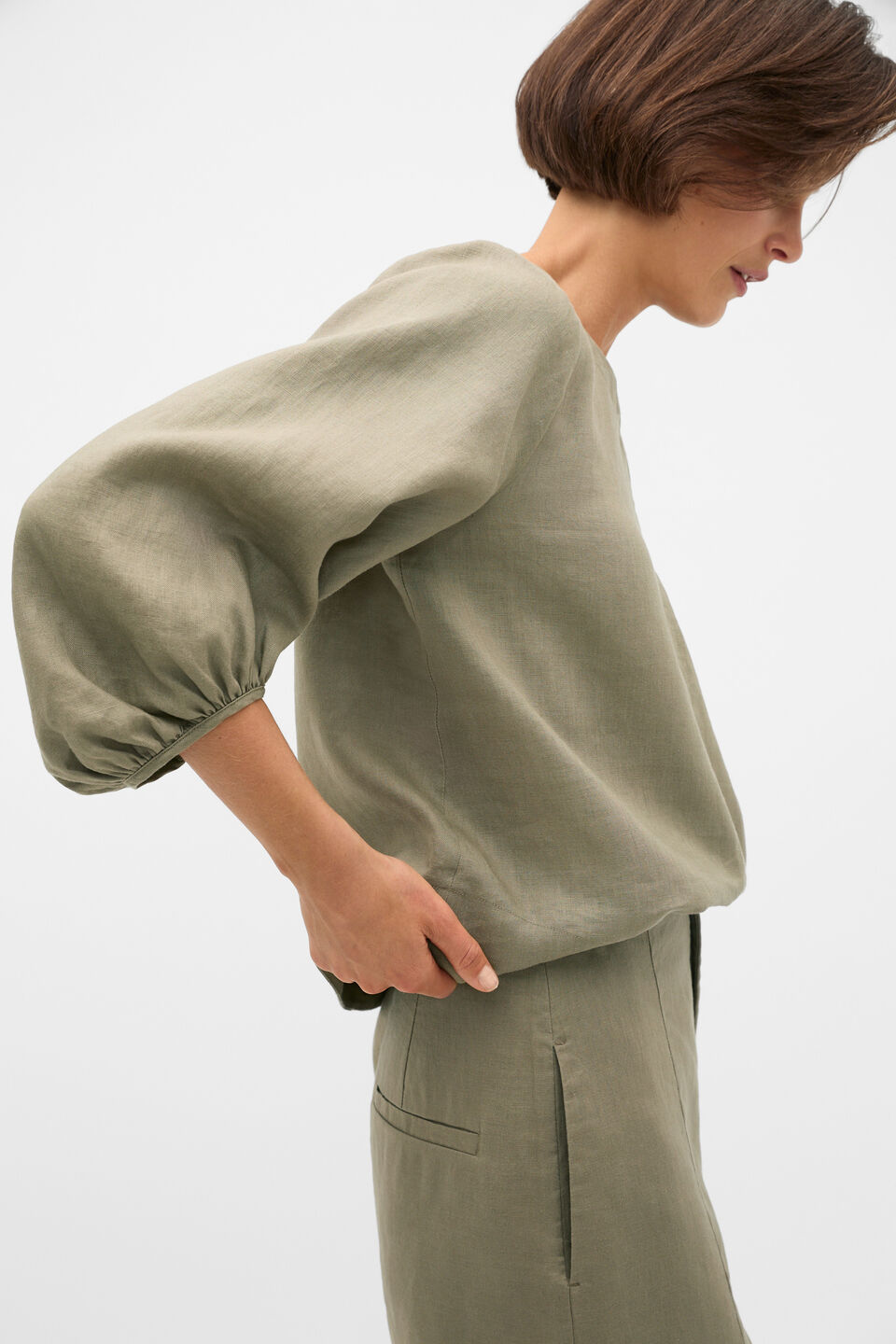 Core Linen Balloon Sleeve Top  Caper