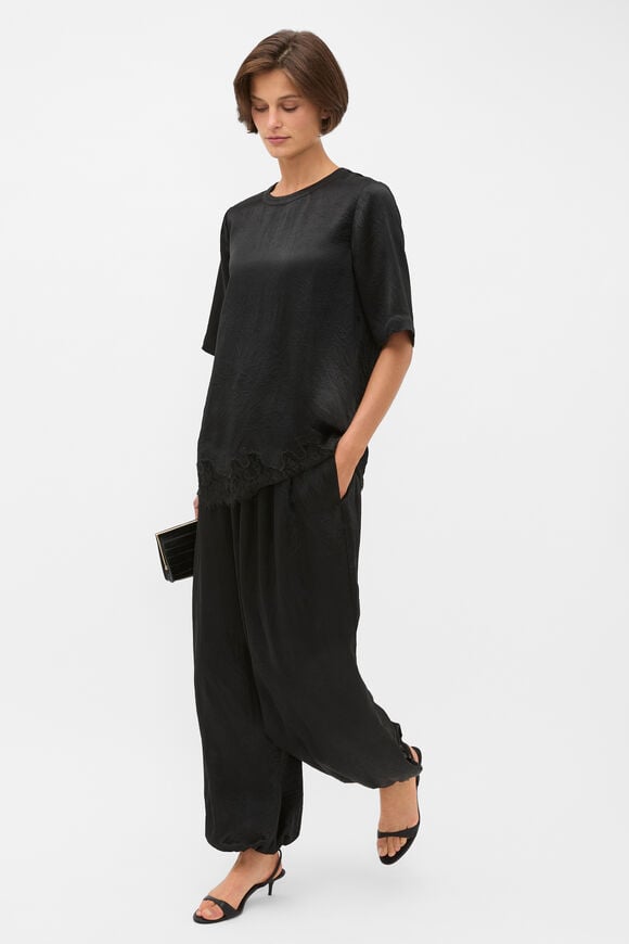 Crinkled Satin Longline Lace Tee  Black  hi-res