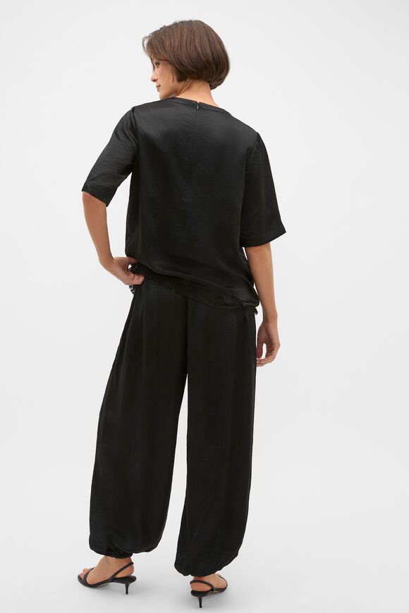Crinkled Satin Longline Lace Tee  Black  hi-res