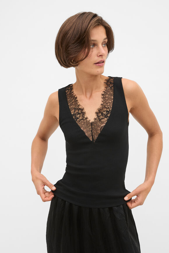 Lace Rib Tank  Black  hi-res